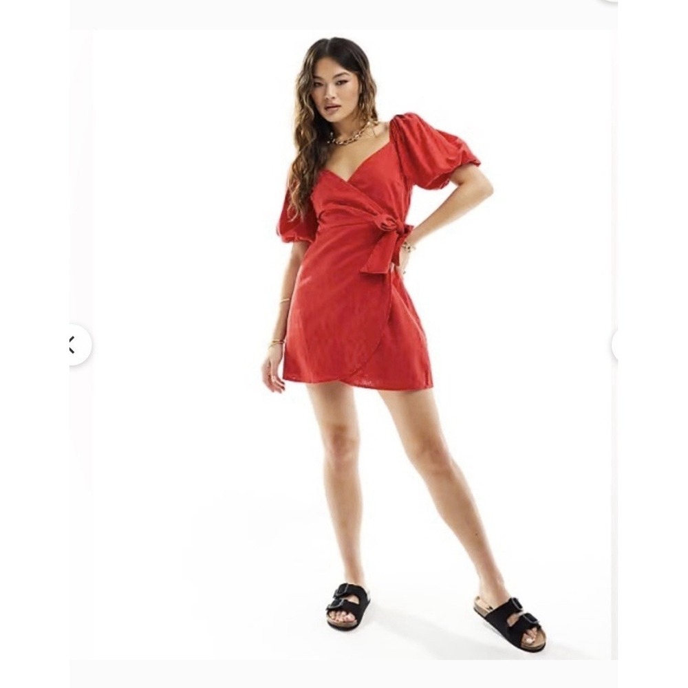 Abercrombie Linen Red Mini Wrap dress Puff Sleeves Size XL NWOT